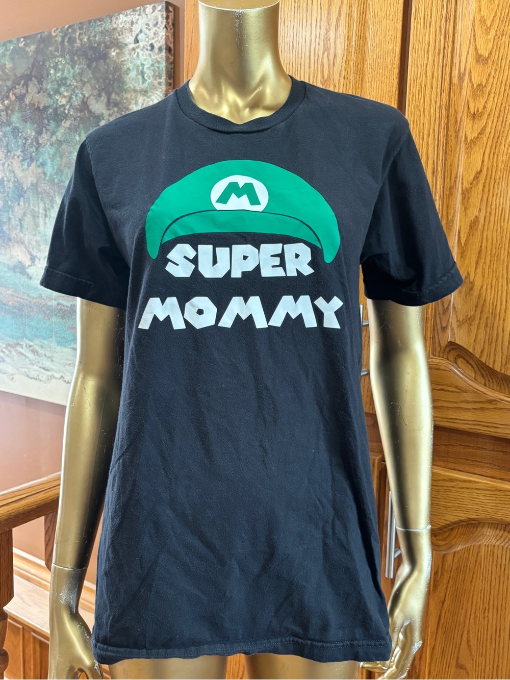American Apparel Black Tee with Green Graphic - "Super Mommy"